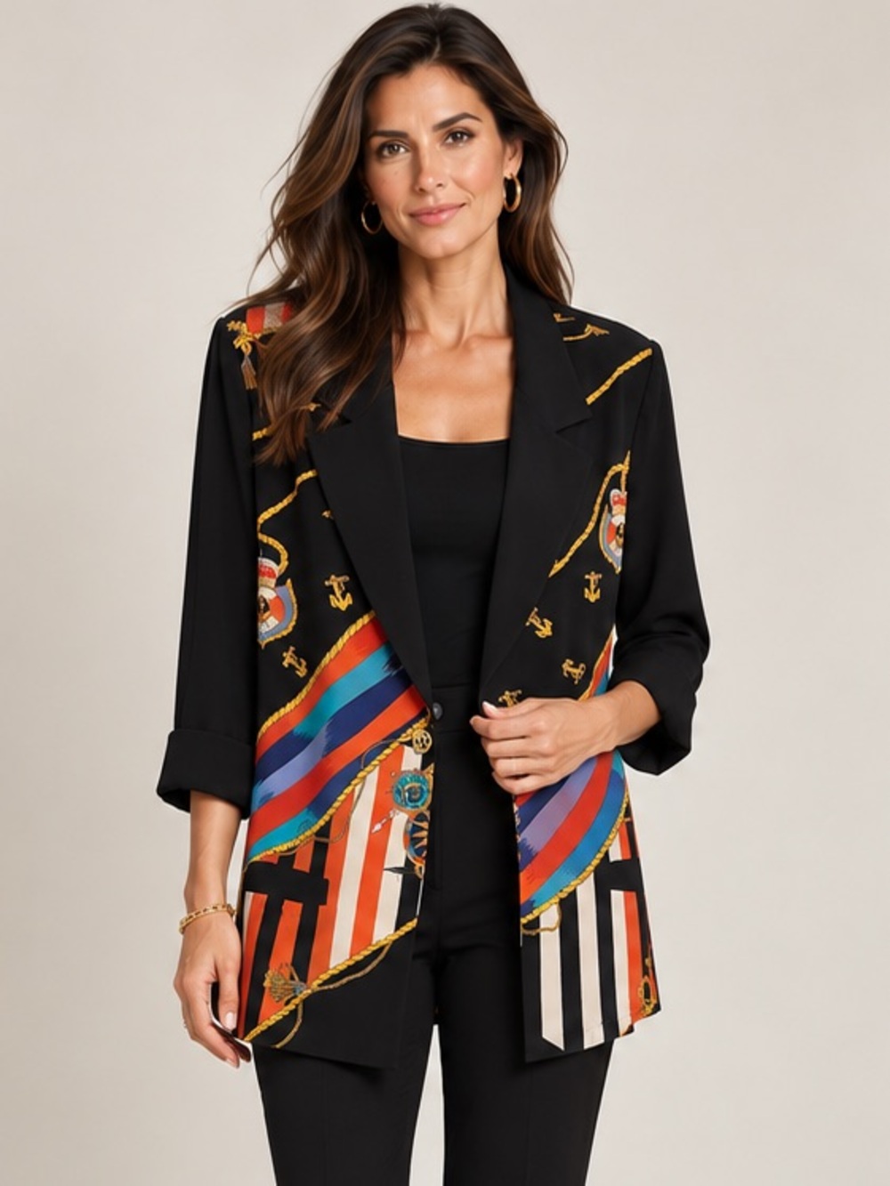 Vintage Carole Little Black Nautical-Print Women’s Blazer Jacket